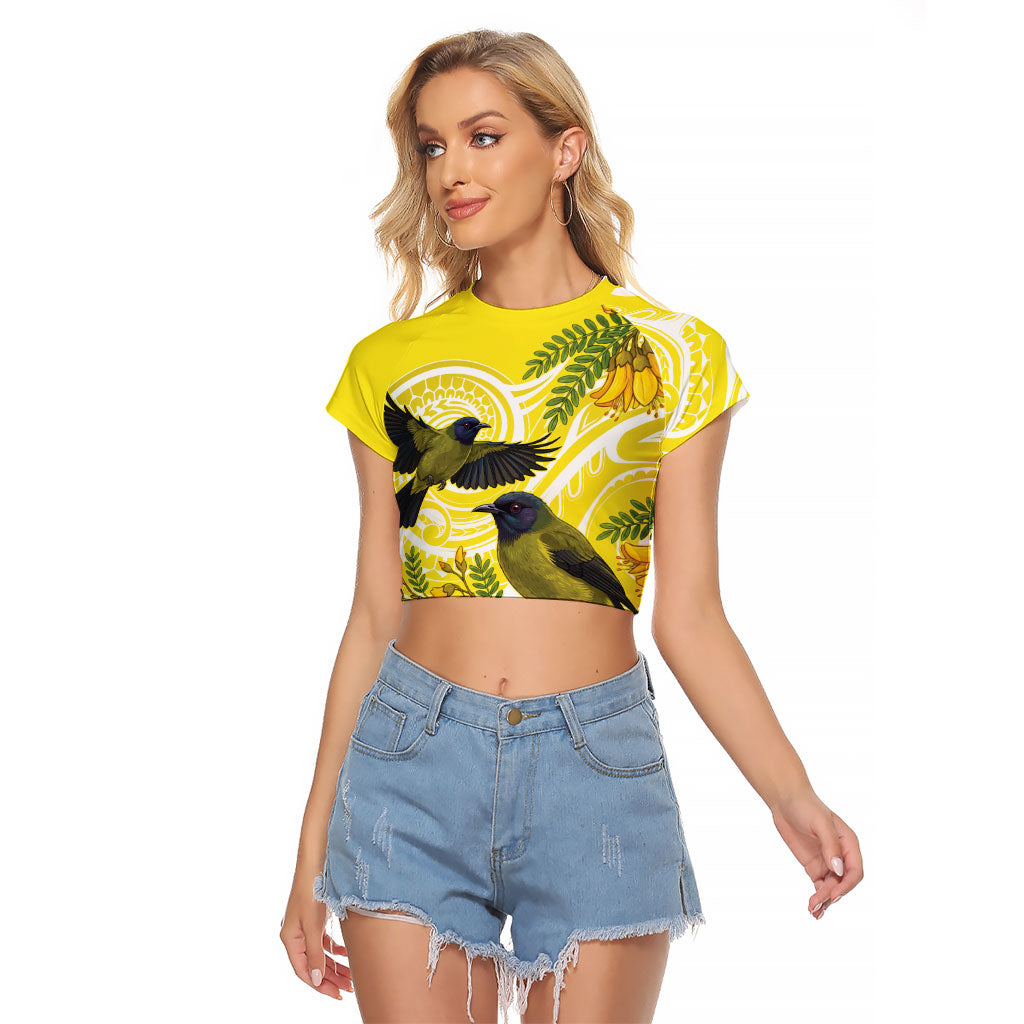 Bellbird New Zealand Raglan Cropped T Shirt Korimako Kowhai Maori Pattern
