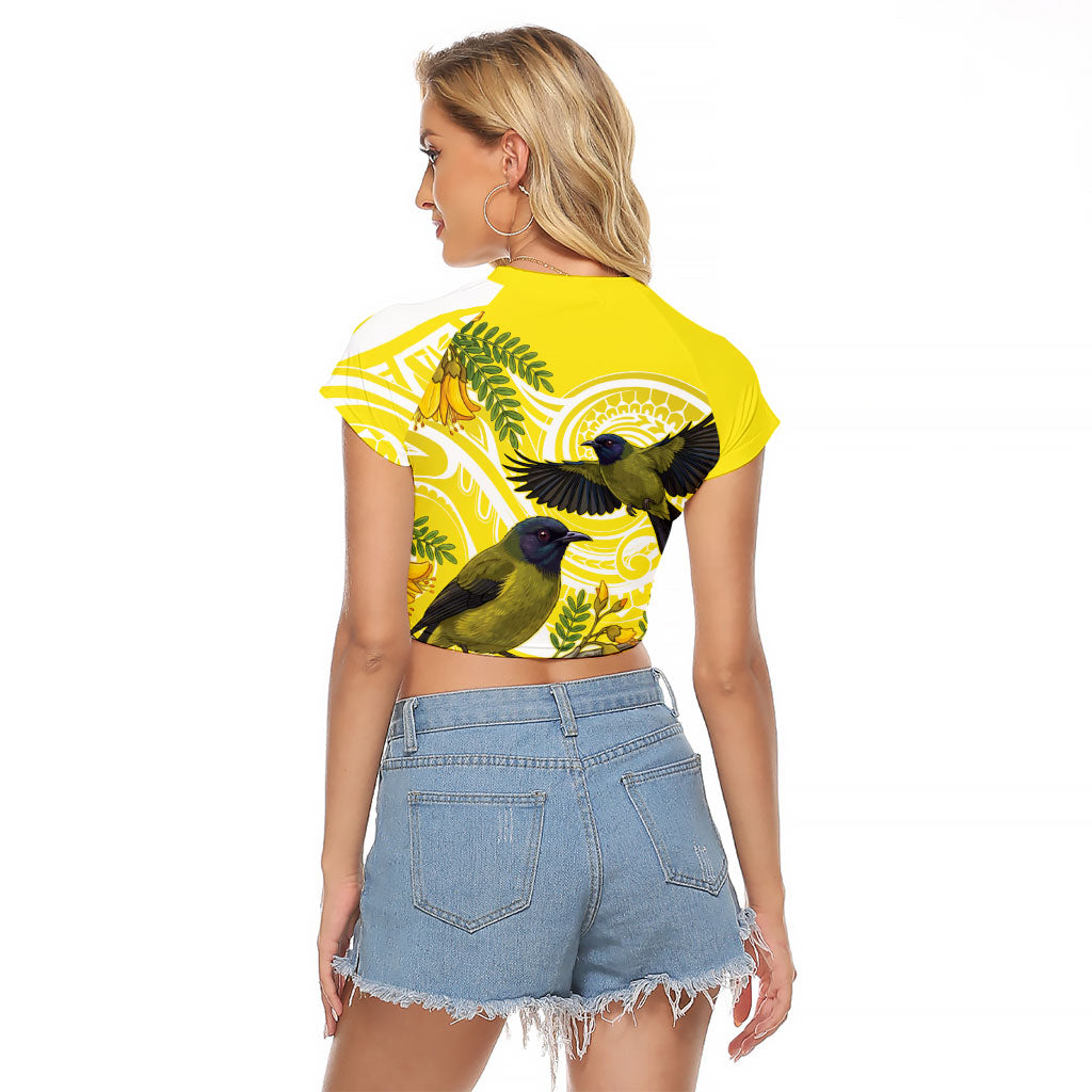 Bellbird New Zealand Raglan Cropped T Shirt Korimako Kowhai Maori Pattern
