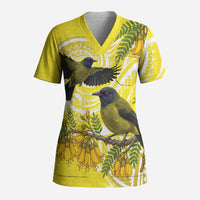 Bellbird New Zealand Scrub Top Korimako Kowhai Maori Pattern