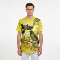 Bellbird New Zealand Scrub Top Korimako Kowhai Maori Pattern