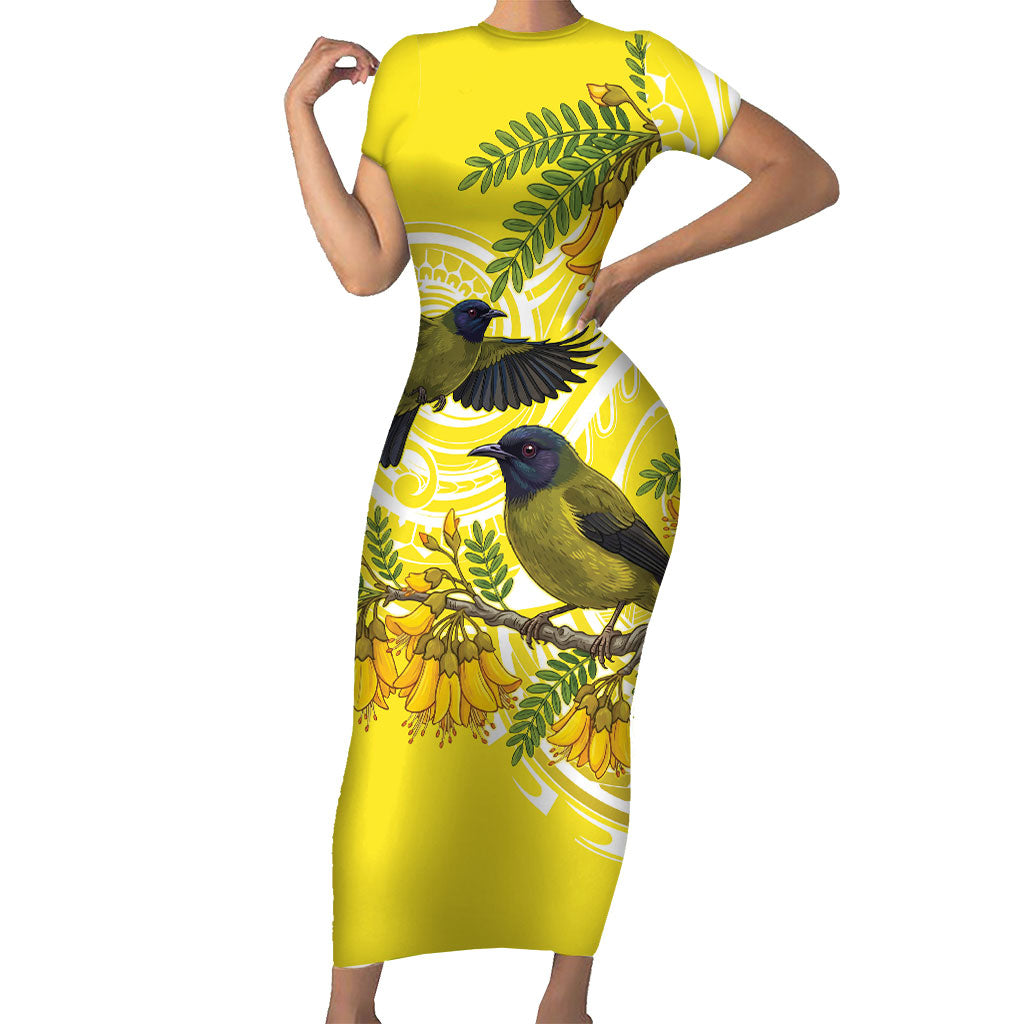 Bellbird New Zealand Short Sleeve Bodycon Dress Korimako Kowhai Maori Pattern