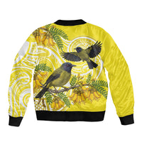 Bellbird New Zealand Sleeve Zip Bomber Jacket Korimako Kowhai Maori Pattern