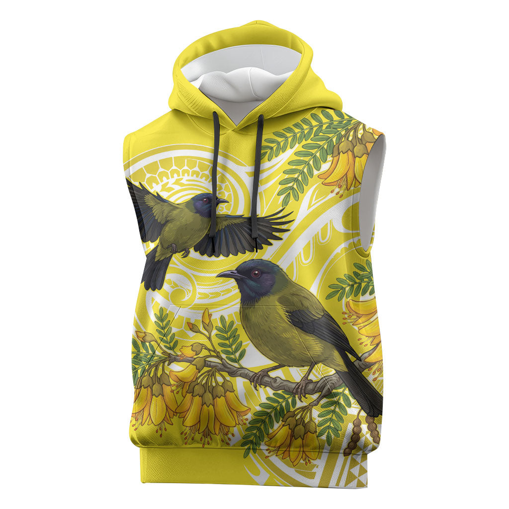 Bellbird New Zealand Sleeveless Hoodie Korimako Kowhai Maori Pattern LT14 Yellow - Polynesian Pride