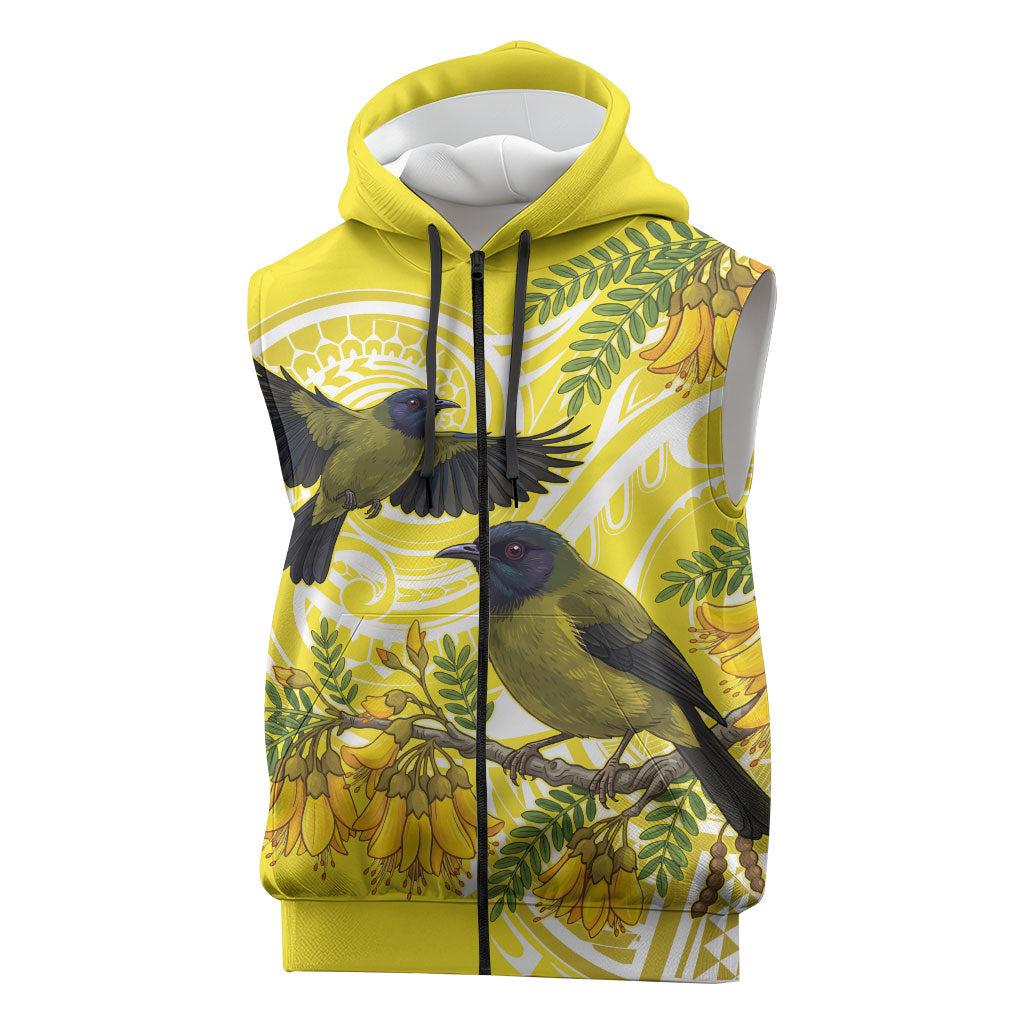 Bellbird New Zealand Sleeveless Zip Hoodie Korimako Kowhai Maori Pattern LT14 Yellow - Polynesian Pride