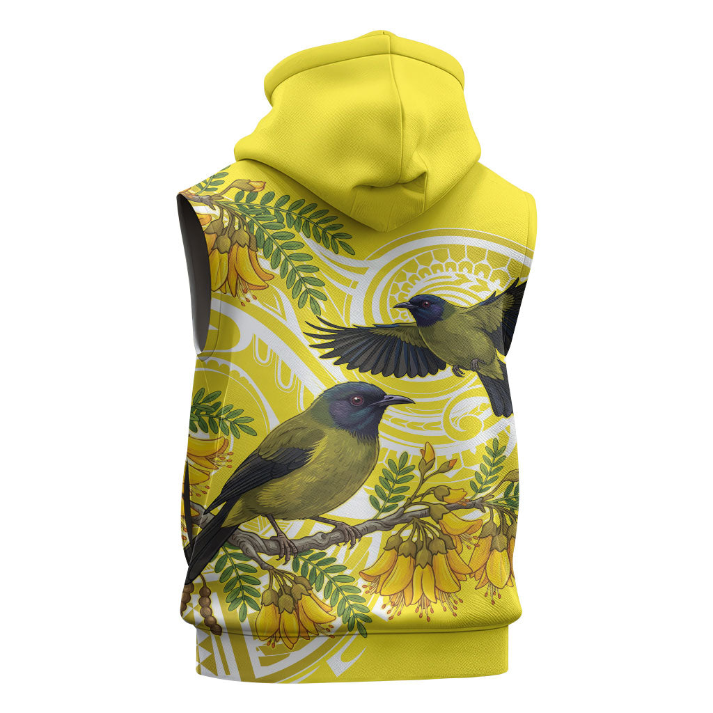 Bellbird New Zealand Sleeveless Zip Hoodie Korimako Kowhai Maori Pattern LT14 - Polynesian Pride