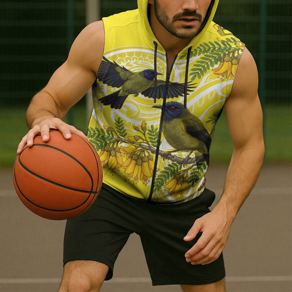 Bellbird New Zealand Sleeveless Zip Hoodie Korimako Kowhai Maori Pattern LT14 - Polynesian Pride