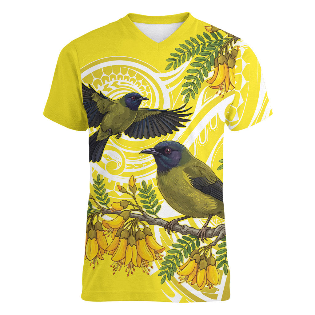 Bellbird New Zealand Women V-Neck T-Shirt Korimako Kowhai Maori Pattern LT14 Female Yellow - Polynesian Pride