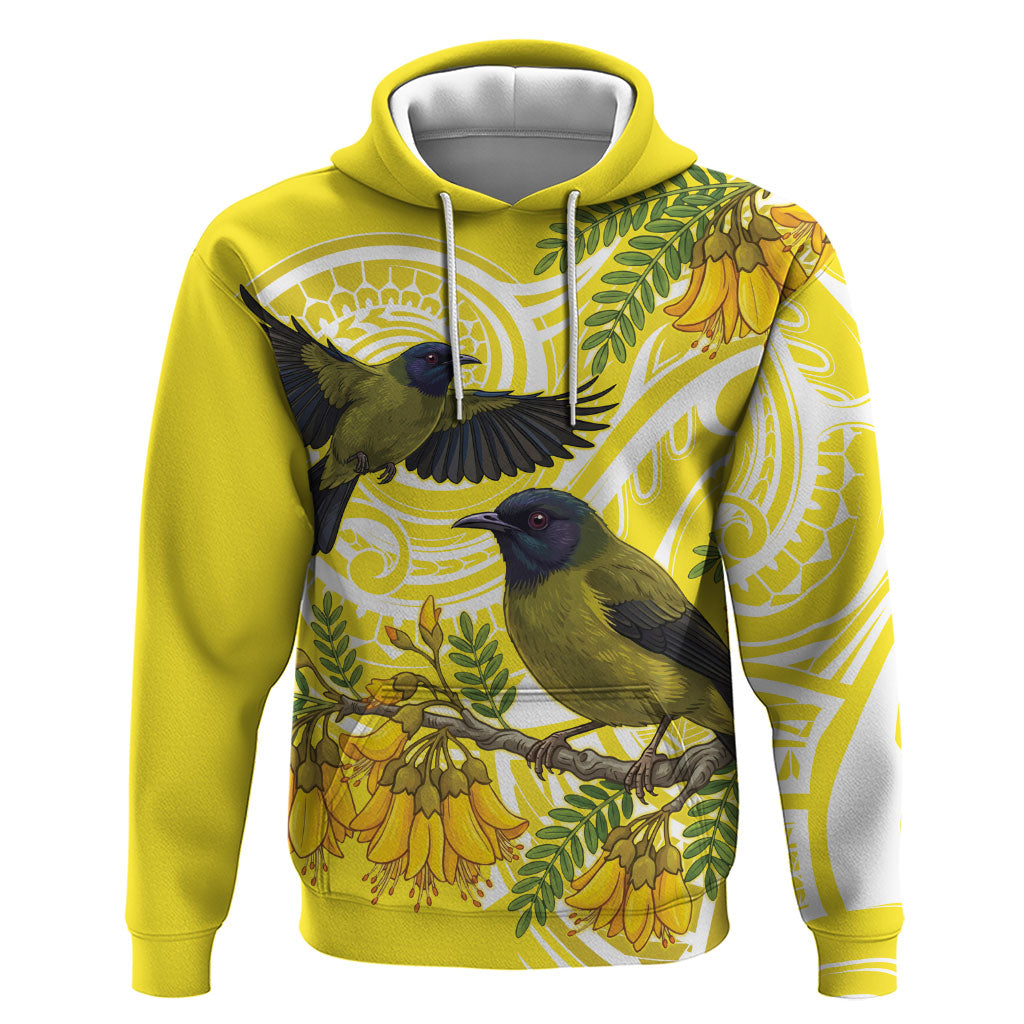 Bellbird New Zealand Zip Hoodie Korimako Kowhai Maori Pattern
