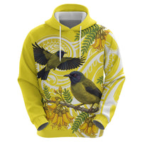 Bellbird New Zealand Zip Hoodie Korimako Kowhai Maori Pattern