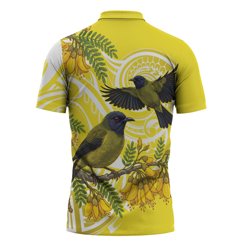 Bellbird New Zealand Zipper Polo Shirt Korimako Kowhai Maori Pattern LT14 - Polynesian Pride