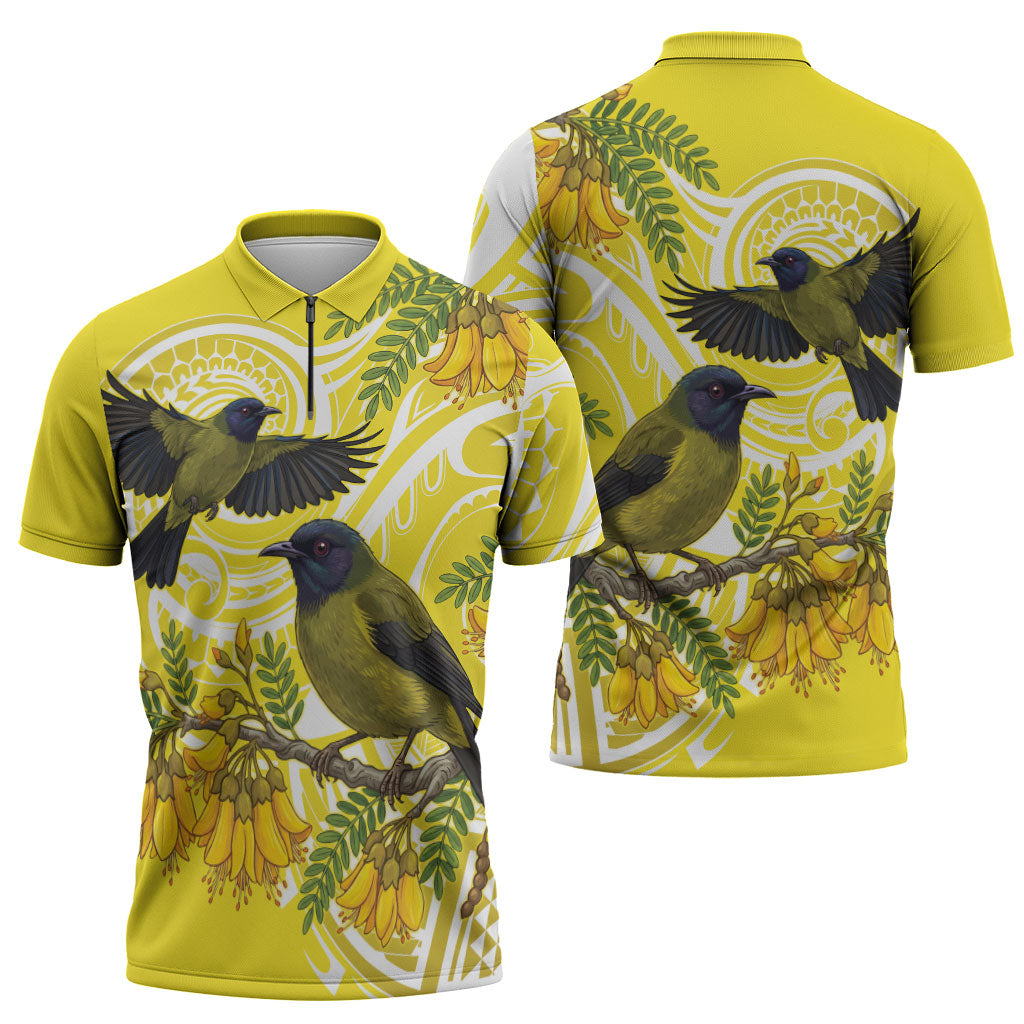 Bellbird New Zealand Zipper Polo Shirt Korimako Kowhai Maori Pattern LT14 - Polynesian Pride