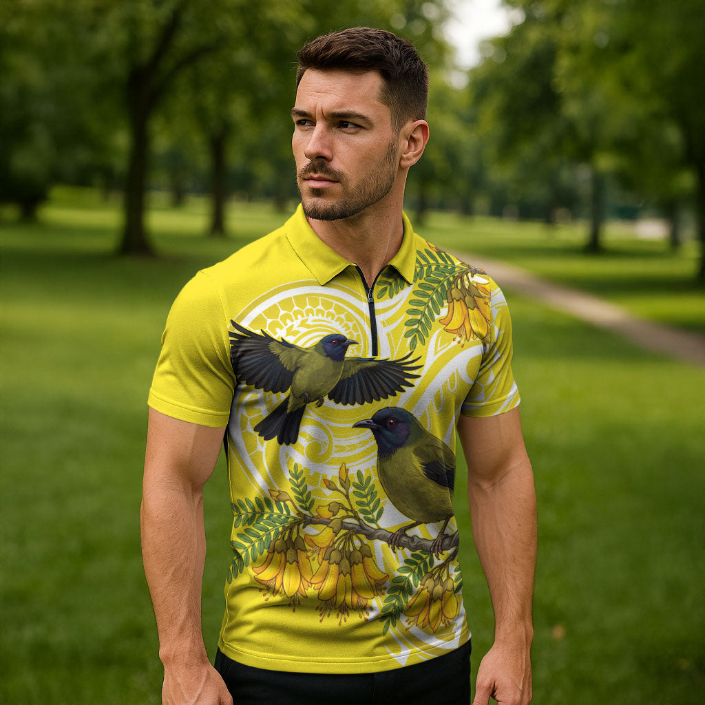 Bellbird New Zealand Zipper Polo Shirt Korimako Kowhai Maori Pattern LT14 - Polynesian Pride