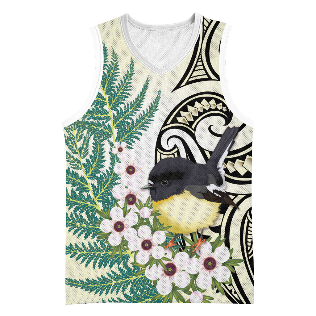 Endemic Tomtit New Zealand Basketball Jersey Miromiro Manuka Silver Fern Maori Pattern