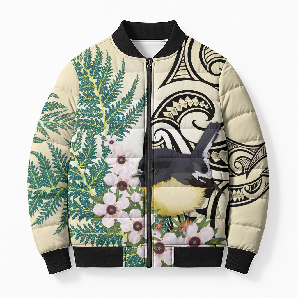 Endemic Tomtit New Zealand Bomber Puffer Jacket Miromiro Manuka Silver Fern Maori Pattern LT14 Unisex Cream - Polynesian Pride
