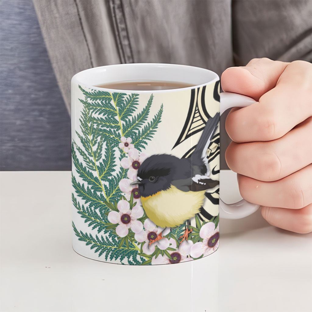 Endemic Tomtit New Zealand Ceramic Mug Miromiro Manuka Silver Fern Maori Pattern