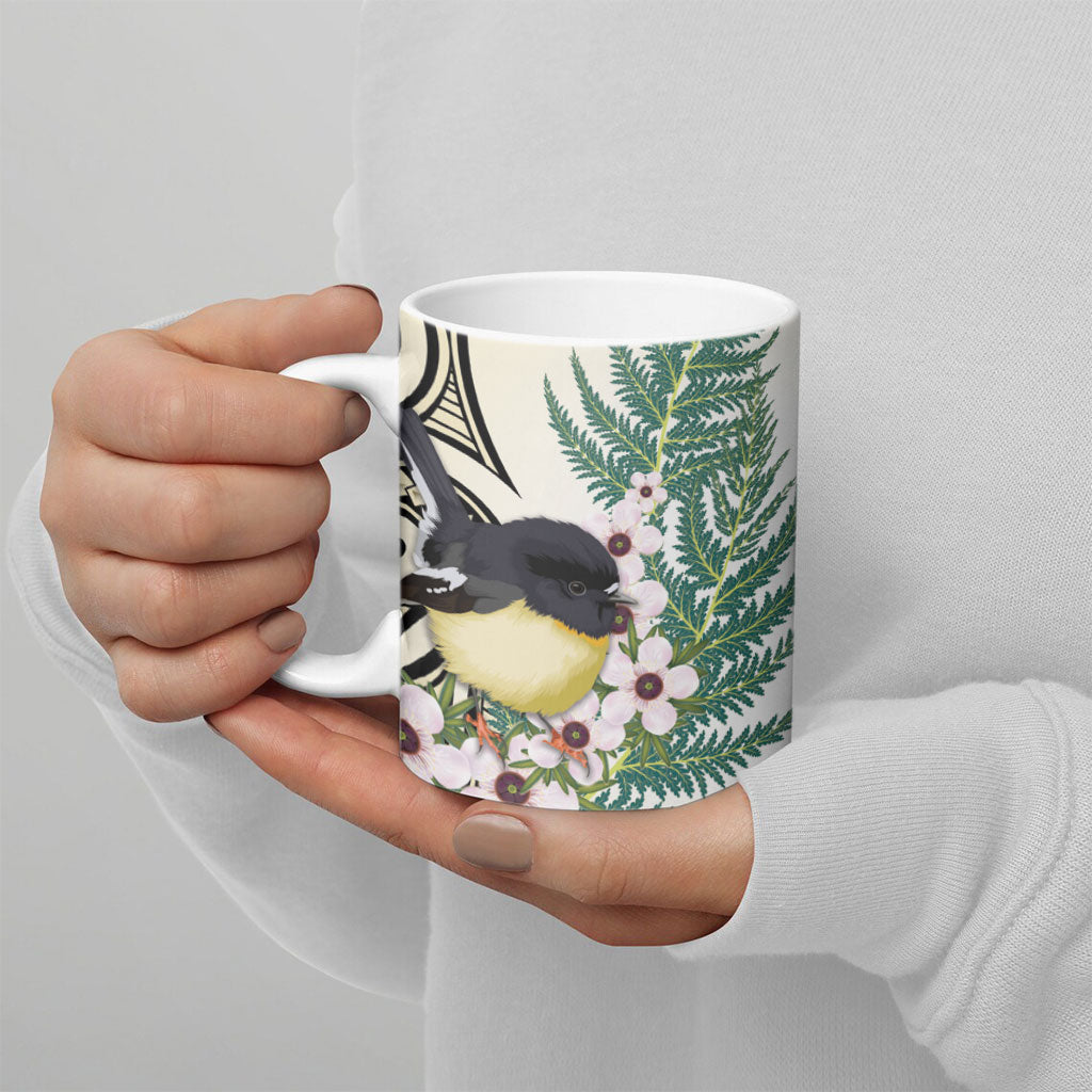 Endemic Tomtit New Zealand Ceramic Mug Miromiro Manuka Silver Fern Maori Pattern