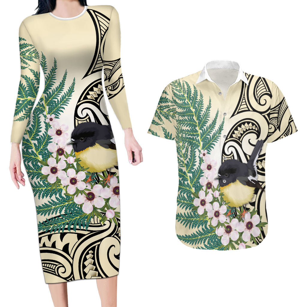 Endemic Tomtit New Zealand Couples Matching Long Sleeve Bodycon Dress and Hawaiian Shirt Miromiro Manuka Silver Fern Maori Pattern LT14 Cream - Polynesian Pride