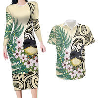 Endemic Tomtit New Zealand Couples Matching Long Sleeve Bodycon Dress and Hawaiian Shirt Miromiro Manuka Silver Fern Maori Pattern LT14 Cream - Polynesian Pride