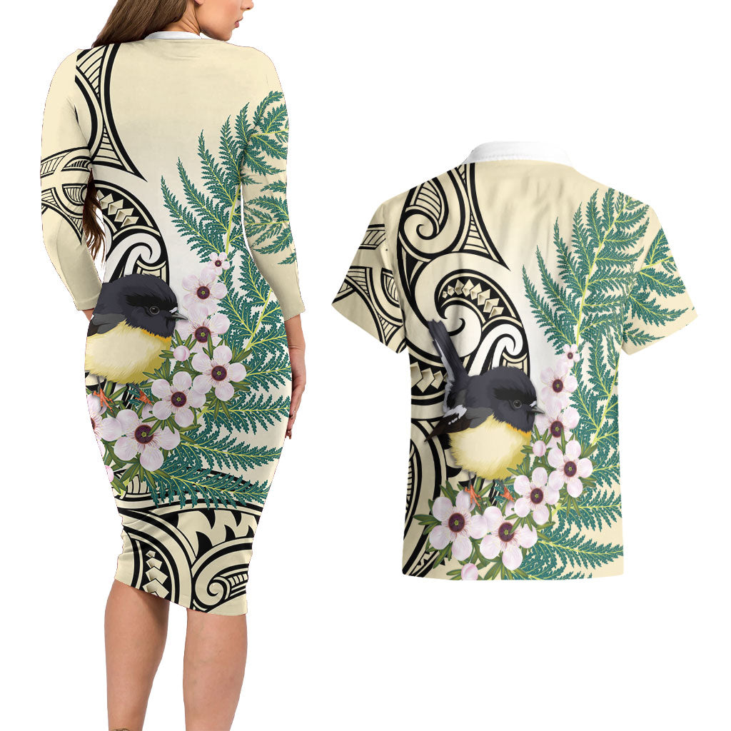 Endemic Tomtit New Zealand Couples Matching Long Sleeve Bodycon Dress and Hawaiian Shirt Miromiro Manuka Silver Fern Maori Pattern LT14 - Polynesian Pride