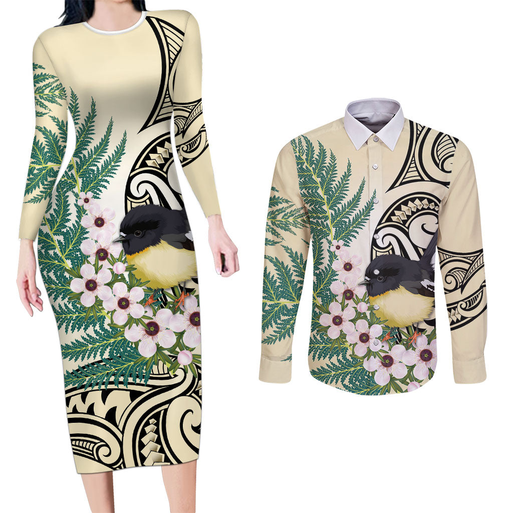 Endemic Tomtit New Zealand Couples Matching Long Sleeve Bodycon Dress and Long Sleeve Button Shirt Miromiro Manuka Silver Fern Maori Pattern