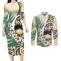 Endemic Tomtit New Zealand Couples Matching Long Sleeve Bodycon Dress and Long Sleeve Button Shirt Miromiro Manuka Silver Fern Maori Pattern