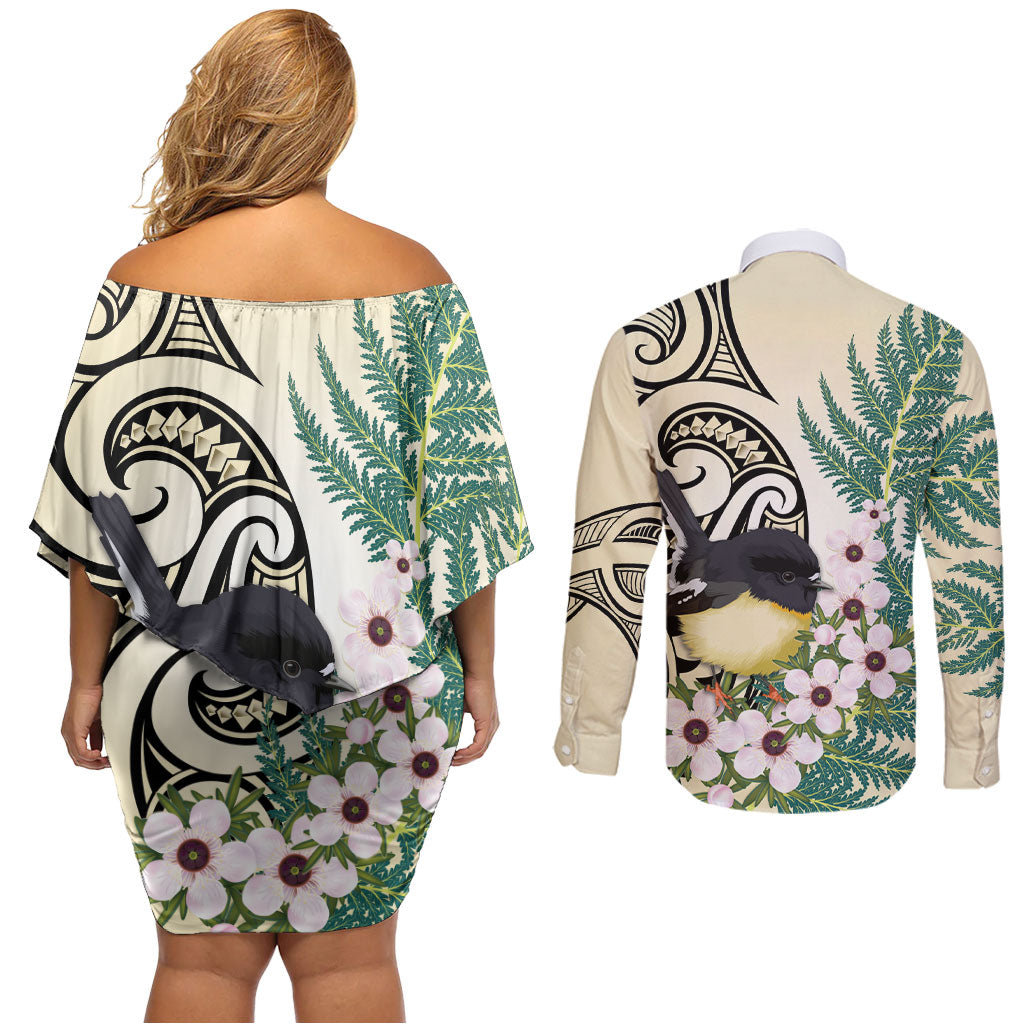 Endemic Tomtit New Zealand Couples Matching Off Shoulder Short Dress and Long Sleeve Button Shirt Miromiro Manuka Silver Fern Maori Pattern LT14 - Polynesian Pride