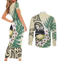 Endemic Tomtit New Zealand Couples Matching Short Sleeve Bodycon Dress and Long Sleeve Button Shirt Miromiro Manuka Silver Fern Maori Pattern