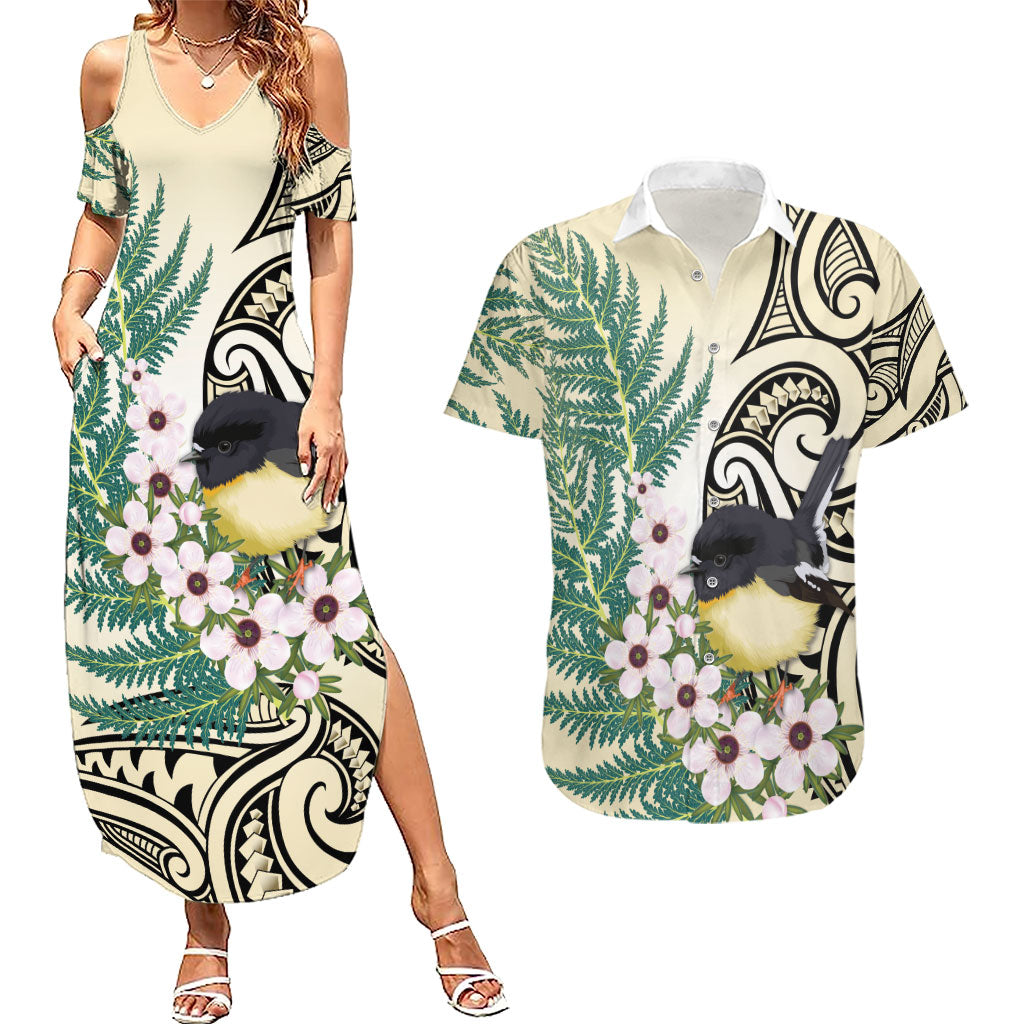 Endemic Tomtit New Zealand Couples Matching Summer Maxi Dress and Hawaiian Shirt Miromiro Manuka Silver Fern Maori Pattern