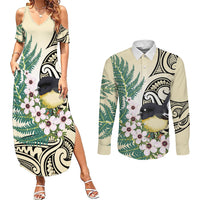Endemic Tomtit New Zealand Couples Matching Summer Maxi Dress and Long Sleeve Button Shirt Miromiro Manuka Silver Fern Maori Pattern LT14 Cream - Polynesian Pride