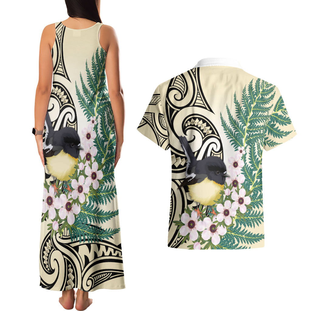 Endemic Tomtit New Zealand Couples Matching Tank Maxi Dress and Hawaiian Shirt Miromiro Manuka Silver Fern Maori Pattern