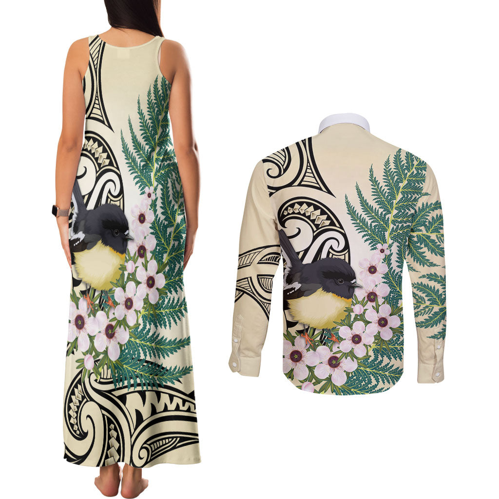 Endemic Tomtit New Zealand Couples Matching Tank Maxi Dress and Long Sleeve Button Shirt Miromiro Manuka Silver Fern Maori Pattern LT14 - Polynesian Pride