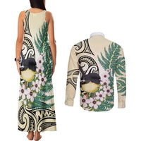 Endemic Tomtit New Zealand Couples Matching Tank Maxi Dress and Long Sleeve Button Shirt Miromiro Manuka Silver Fern Maori Pattern LT14 - Polynesian Pride