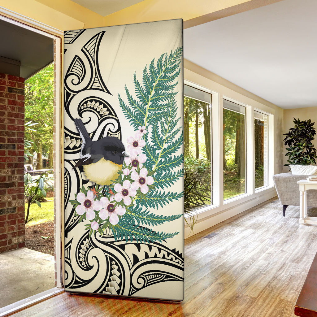 Endemic Tomtit New Zealand Door Cover Miromiro Manuka Silver Fern Maori Pattern LT14 - Polynesian Pride