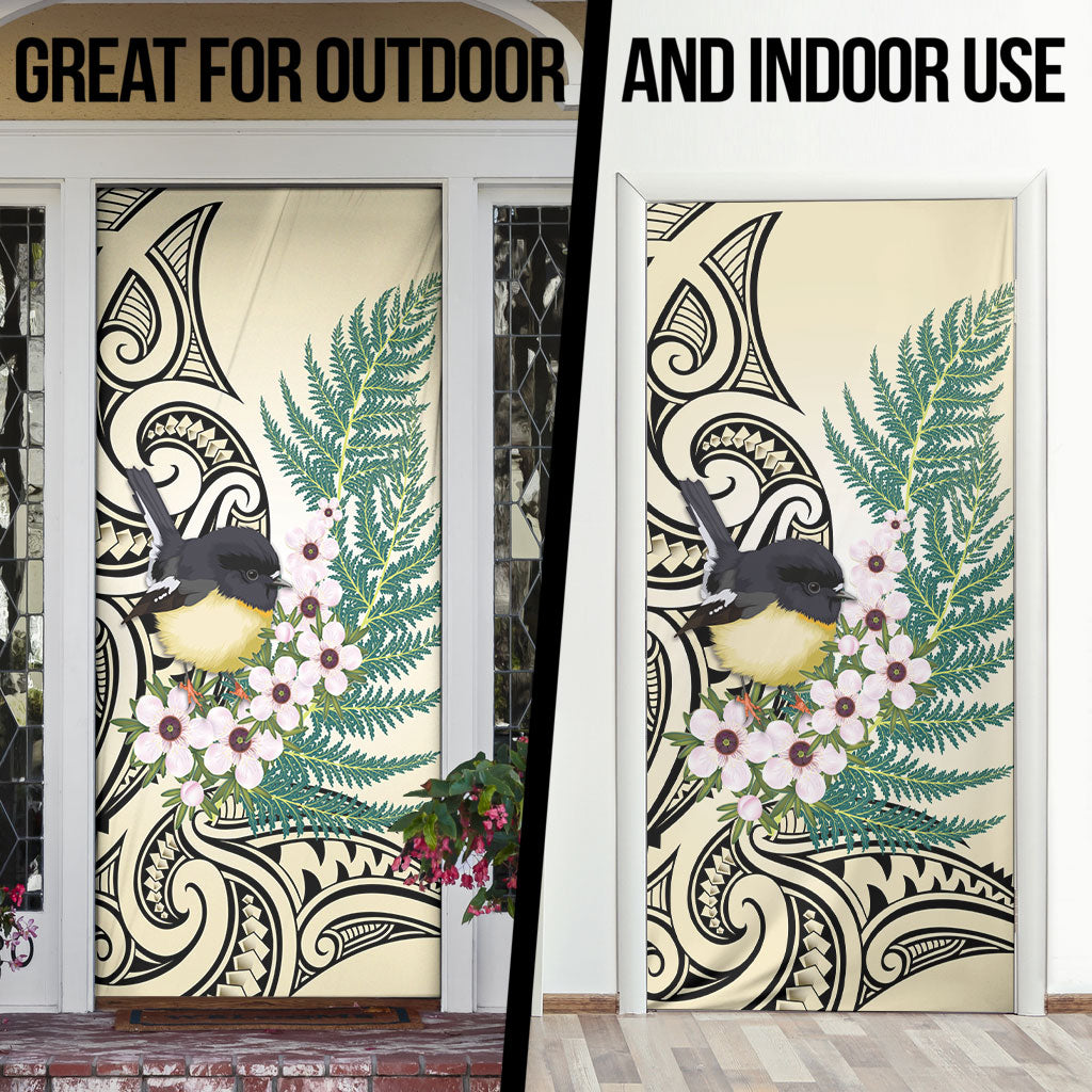 Endemic Tomtit New Zealand Door Cover Miromiro Manuka Silver Fern Maori Pattern LT14 - Polynesian Pride