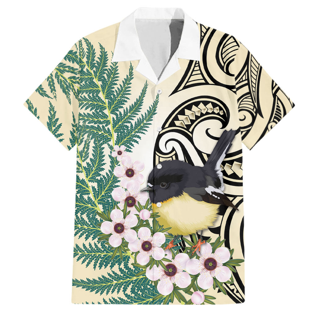 Endemic Tomtit New Zealand Family Matching Long Sleeve Bodycon Dress and Hawaiian Shirt Miromiro Manuka Silver Fern Maori Pattern LT14 Dad's Shirt - Short Sleeve Cream - Polynesian Pride