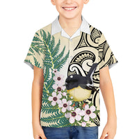 Endemic Tomtit New Zealand Family Matching Long Sleeve Bodycon Dress and Hawaiian Shirt Miromiro Manuka Silver Fern Maori Pattern LT14 Son's Shirt Cream - Polynesian Pride