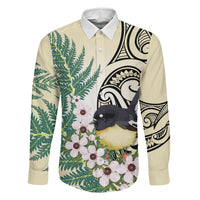 Endemic Tomtit New Zealand Family Matching Mermaid Dress and Hawaiian Shirt Miromiro Manuka Silver Fern Maori Pattern LT14 Dad's Shirt - Long Sleeve Cream - Polynesian Pride