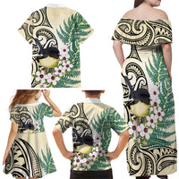 Endemic Tomtit New Zealand Family Matching Off Shoulder Maxi Dress and Hawaiian Shirt Miromiro Manuka Silver Fern Maori Pattern LT14 - Polynesian Pride