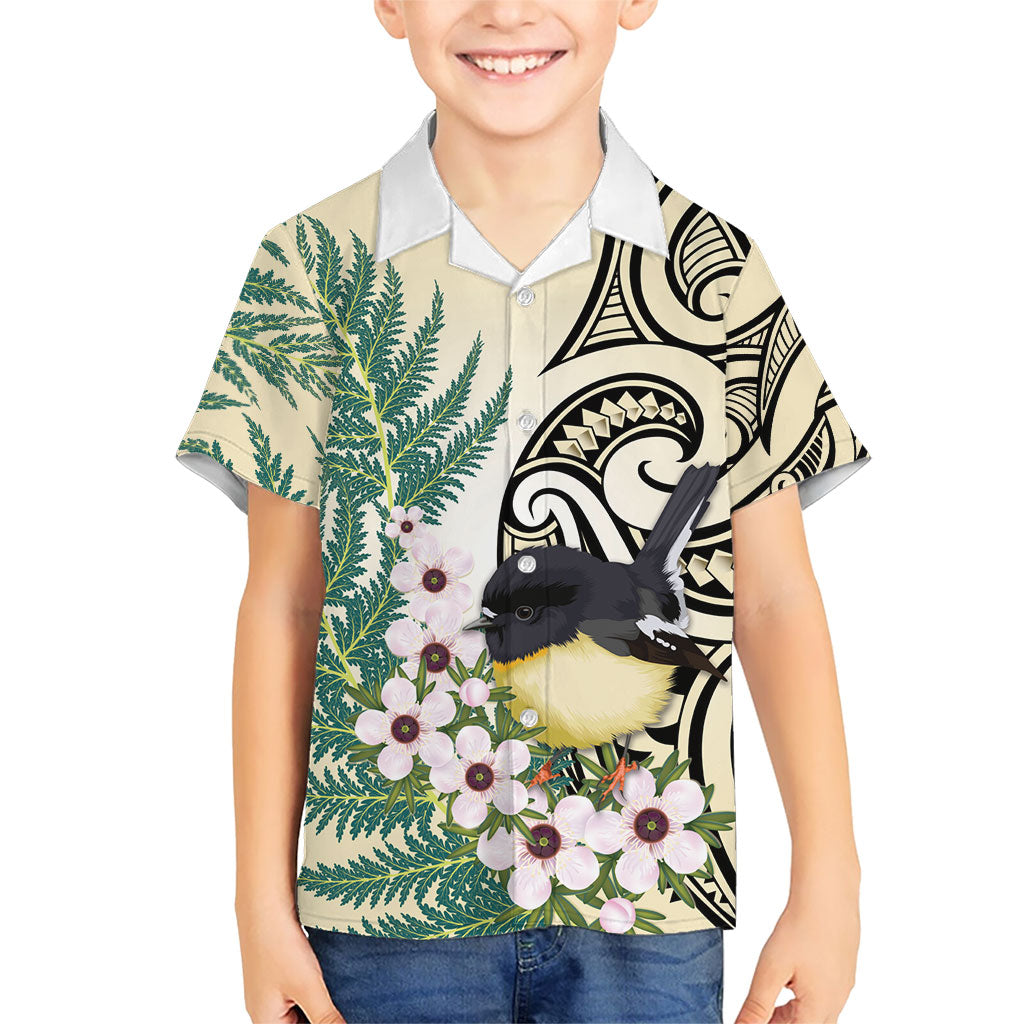 Endemic Tomtit New Zealand Kid Hawaiian Shirt Miromiro Manuka Silver Fern Maori Pattern LT14 Kid Cream - Polynesian Pride