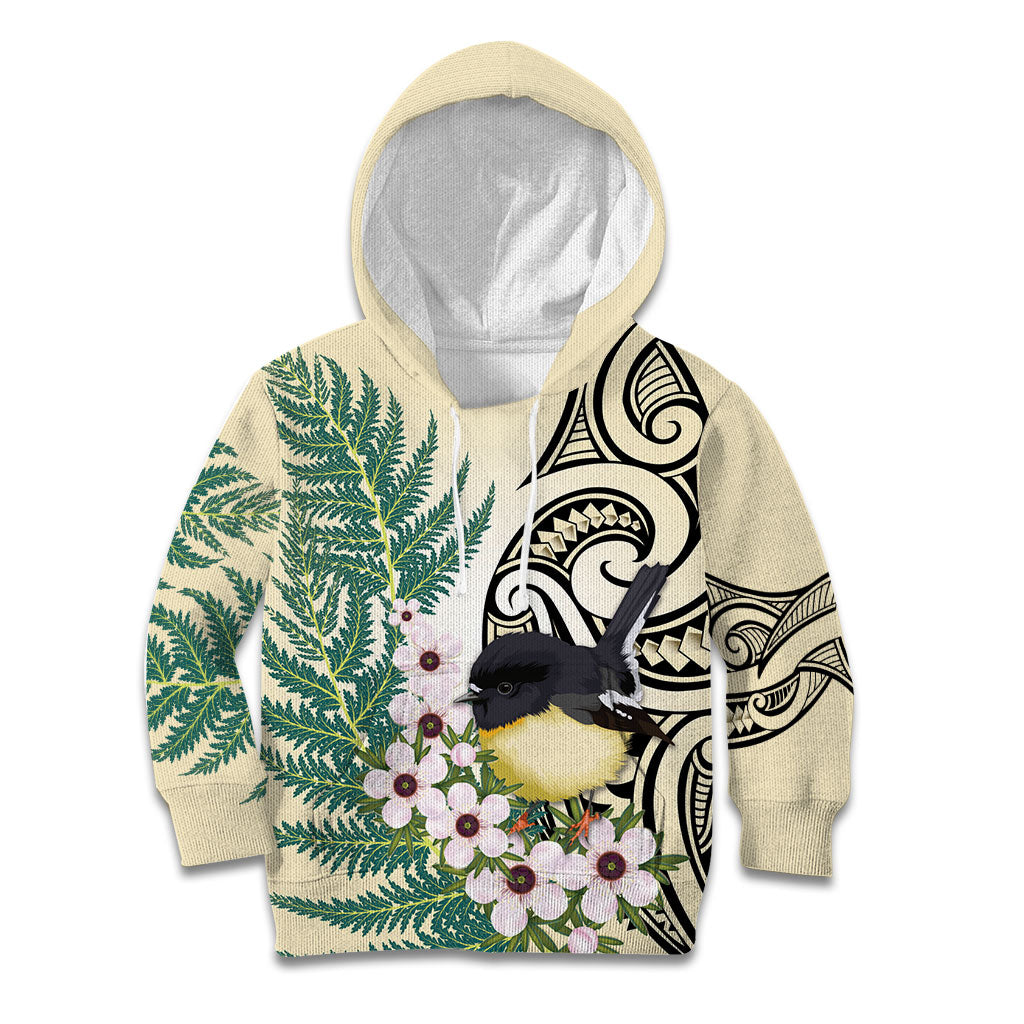 Endemic Tomtit New Zealand Kid Hoodie Miromiro Manuka Silver Fern Maori Pattern LT14 Hoodie Cream - Polynesian Pride