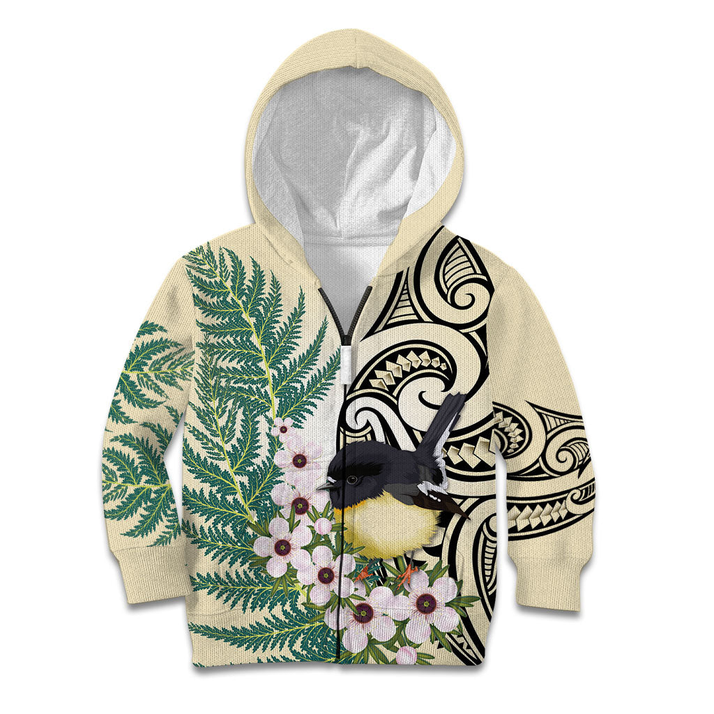 Endemic Tomtit New Zealand Kid Hoodie Miromiro Manuka Silver Fern Maori Pattern LT14 Zip Hoodie Cream - Polynesian Pride
