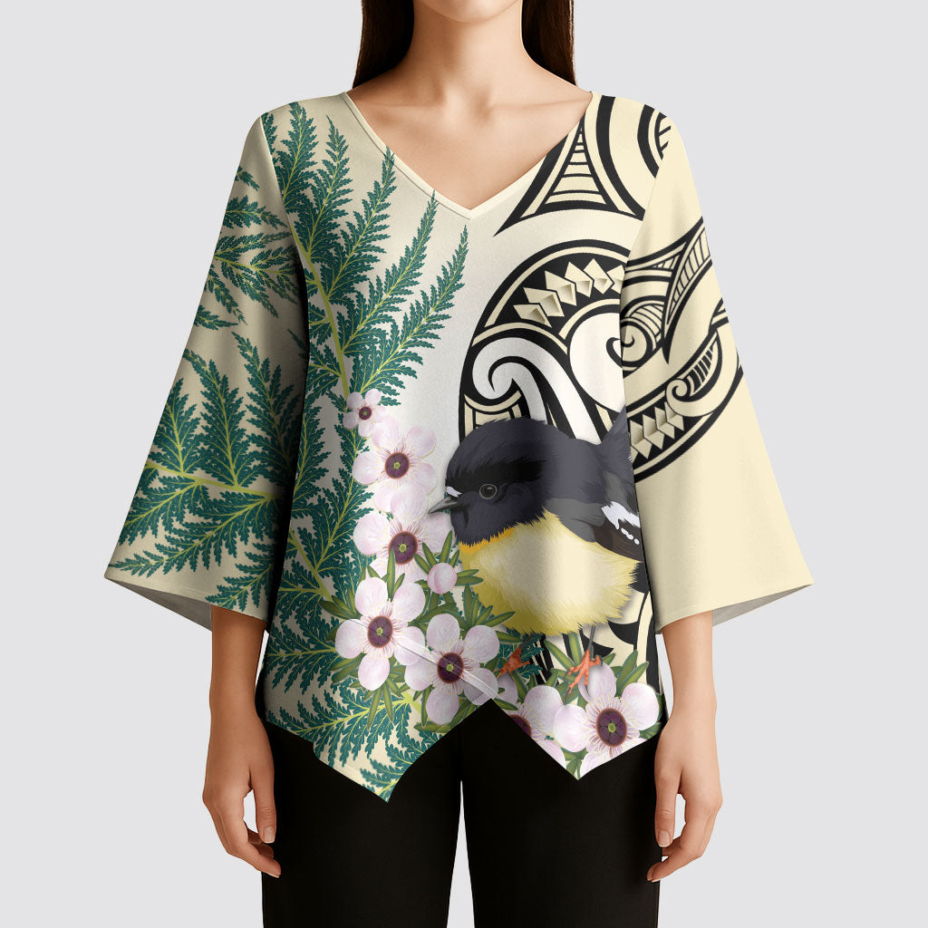 Endemic Tomtit New Zealand Kimono Sleeve Blouse Miromiro Manuka Silver Fern Maori Pattern