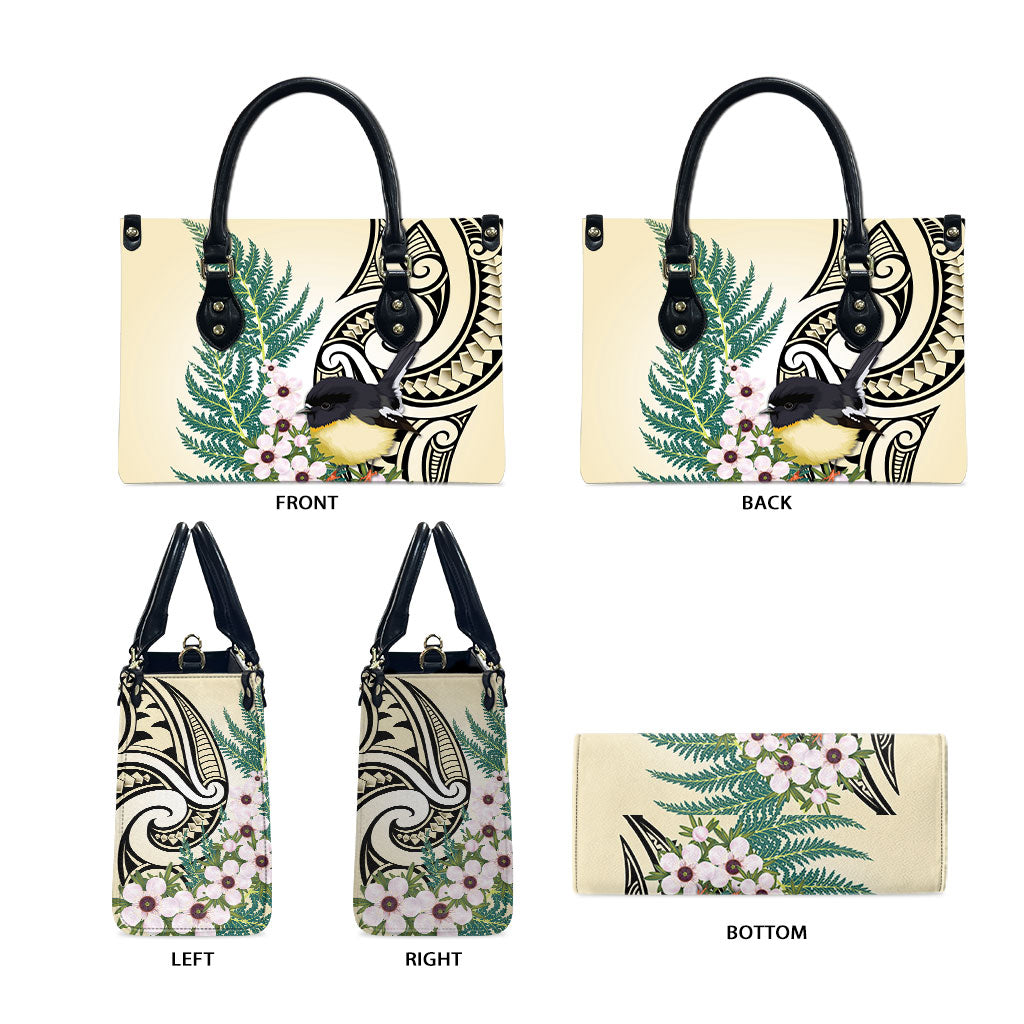 Endemic Tomtit New Zealand Leather Bag Miromiro Manuka Silver Fern Maori Pattern