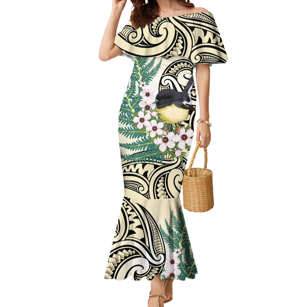 Endemic Tomtit New Zealand Mermaid Dress Miromiro Manuka Silver Fern Maori Pattern LT14 Women Cream - Polynesian Pride