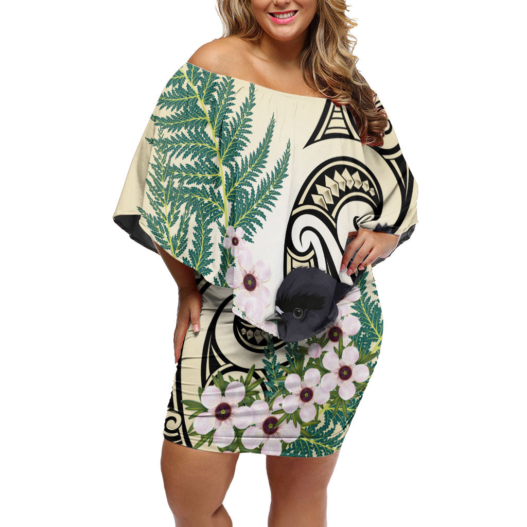 Endemic Tomtit New Zealand Off Shoulder Short Dress Miromiro Manuka Silver Fern Maori Pattern LT14 Women Cream - Polynesian Pride