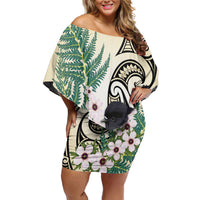 Endemic Tomtit New Zealand Off Shoulder Short Dress Miromiro Manuka Silver Fern Maori Pattern LT14 Women Cream - Polynesian Pride