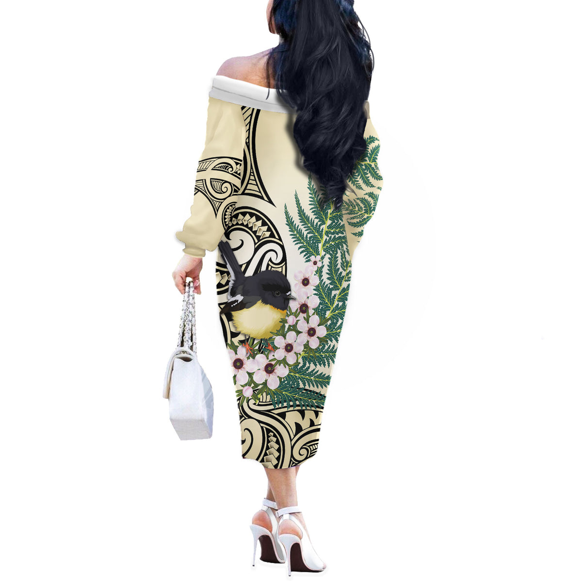 Endemic Tomtit New Zealand Off The Shoulder Long Sleeve Dress Miromiro Manuka Silver Fern Maori Pattern LT14 - Polynesian Pride