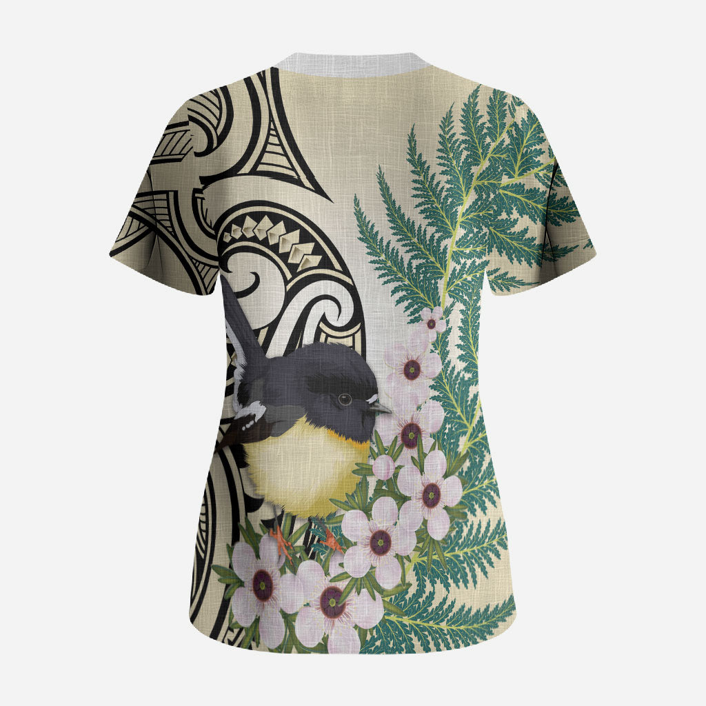 Endemic Tomtit New Zealand Scrub Top Miromiro Manuka Silver Fern Maori Pattern