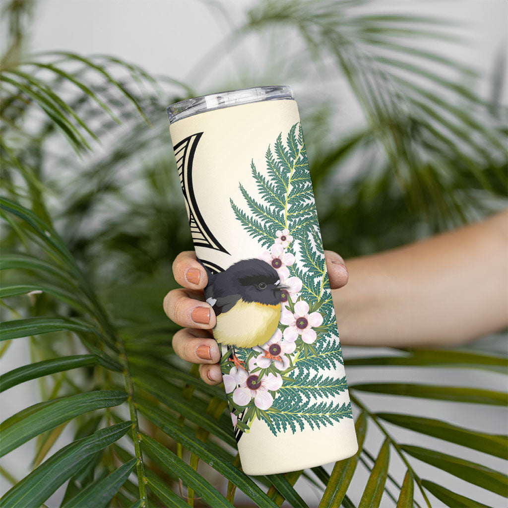 Endemic Tomtit New Zealand Skinny Tumbler Miromiro Manuka Silver Fern Maori Pattern LT14 - Polynesian Pride