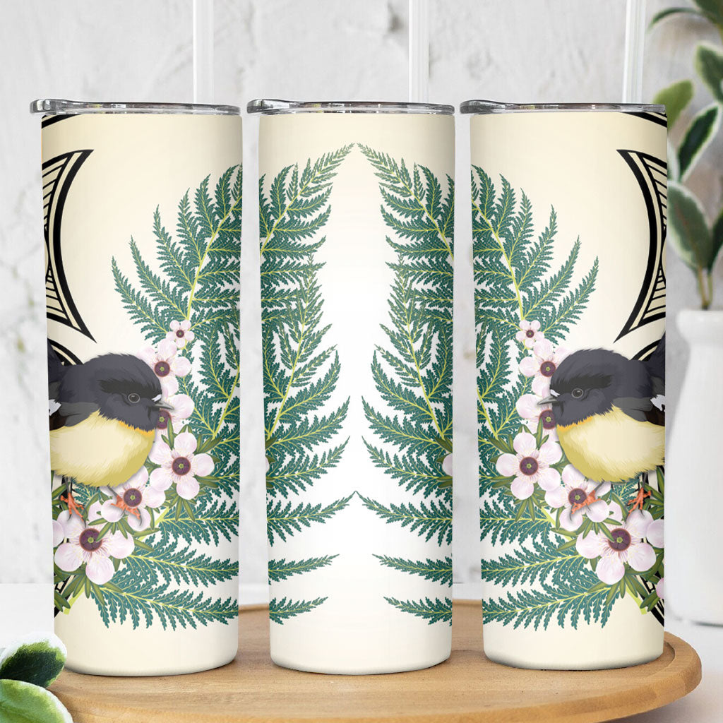 Endemic Tomtit New Zealand Skinny Tumbler Miromiro Manuka Silver Fern Maori Pattern LT14 - Polynesian Pride